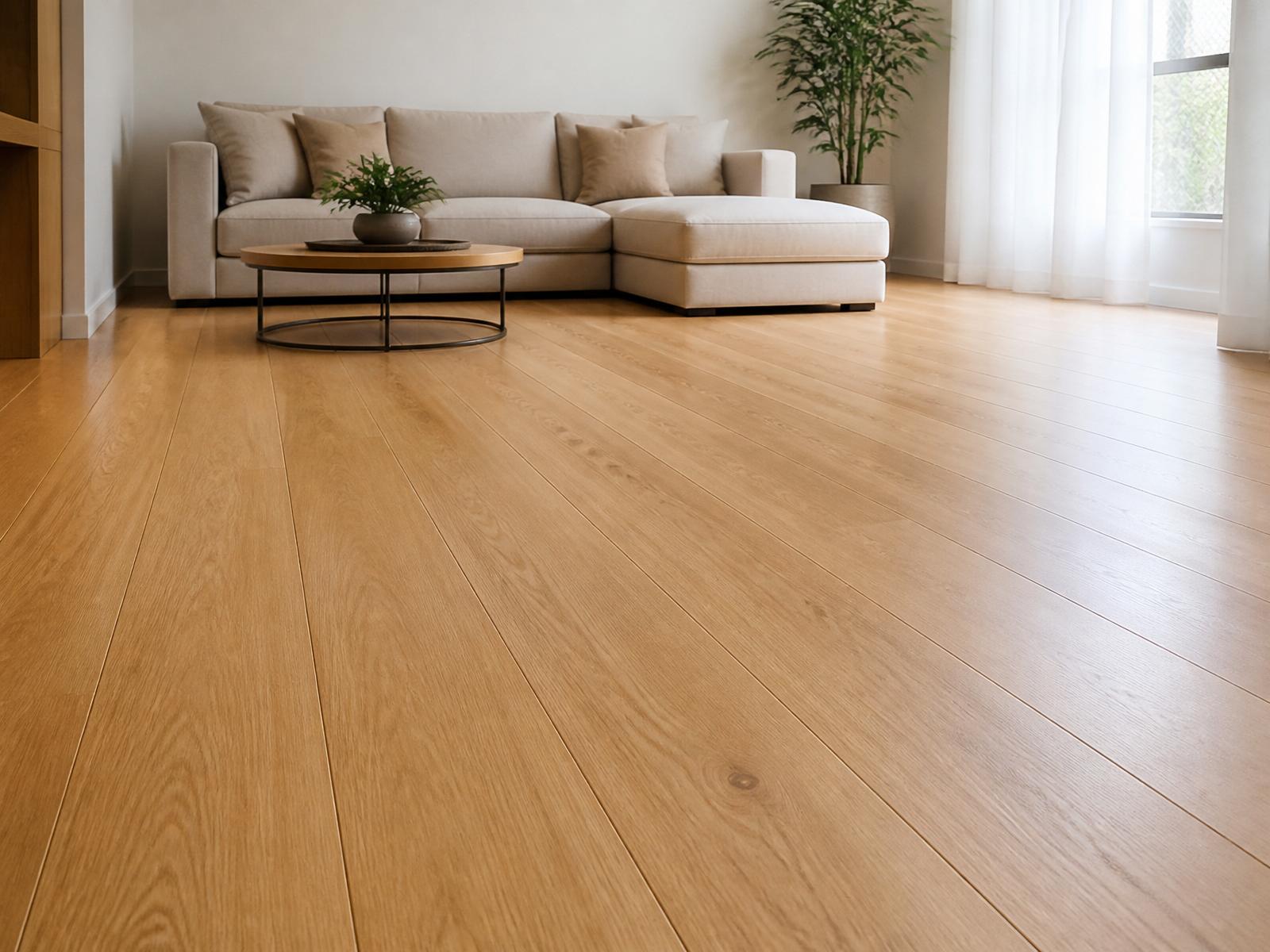Sala com piso vinílico cor Tauari, teto de madeira e iluminação âmbar