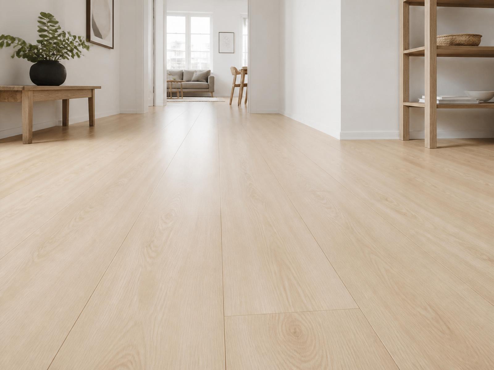 Sala com piso vinílico cor Pinus, teto de madeira e iluminação âmbar